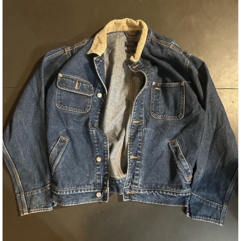 90s Polo Ralph Lauren Authentic Dungarees Denim Jacket Corduroy Collar L Blue